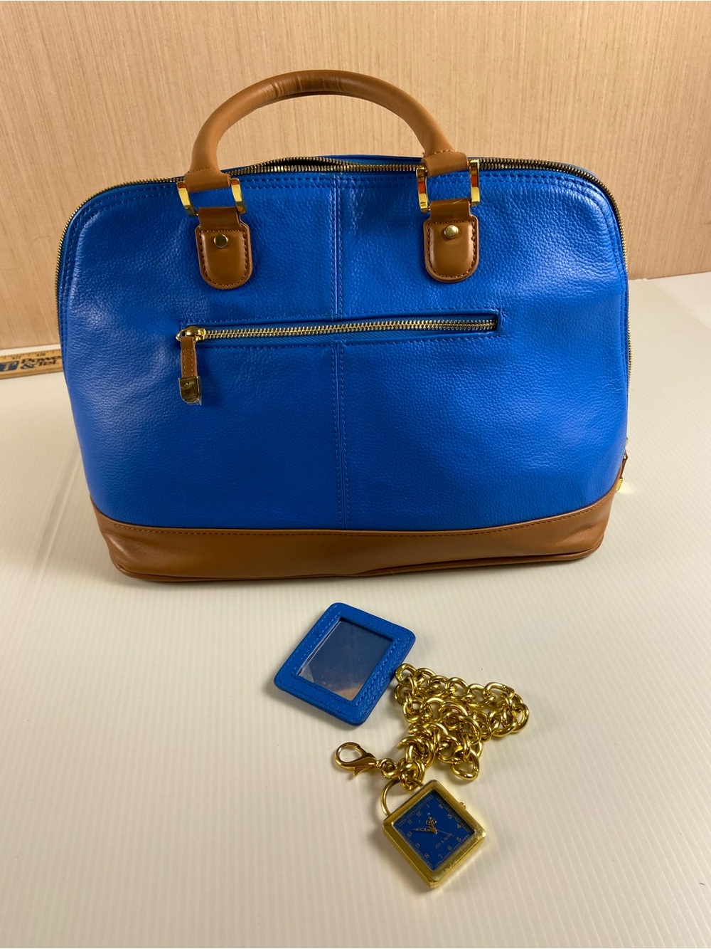 Joy & Iman Cobalt Blue Dome Satchel Bag Watch Charm Mirror Gold Hardware